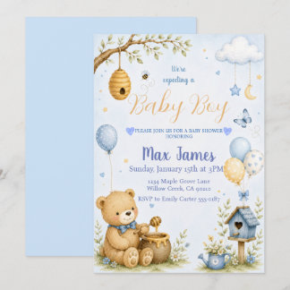 Watercolor Teddy Bear Bee Baby Boy Baby Shower Invitation