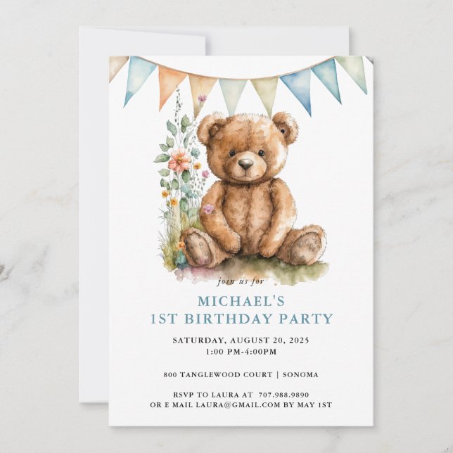 Watercolor Teddy Bear Blue 1st Birthday Invitation (Front)
