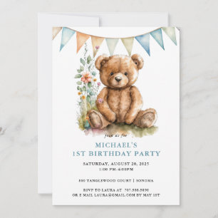 Watercolor Teddy Bear Blue 1st Birthday Invitation
