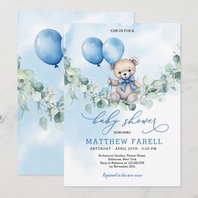 Watercolor Teddy Bear Blue & Balloon Baby Shower Invitation (Front/Back)
