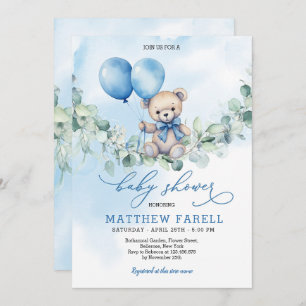 Watercolor Teddy Bear Blue & Balloon Baby Shower Invitation