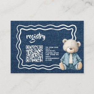 Watercolor Teddy Bear Blue Jean Baby QR Registry Enclosure Card