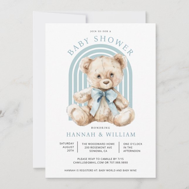 Watercolor Teddy Bear Boy Blue Baby Shower  Invitation (Front)