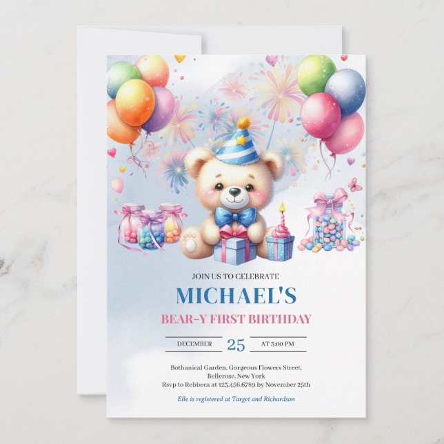 Watercolor teddy bear candy Bear-y first birthday Invitation (Front)