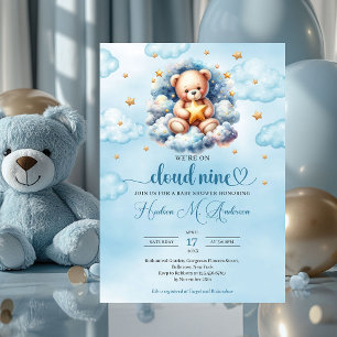 Watercolor teddy bear cloud nine Boy Baby Shower Invitation
