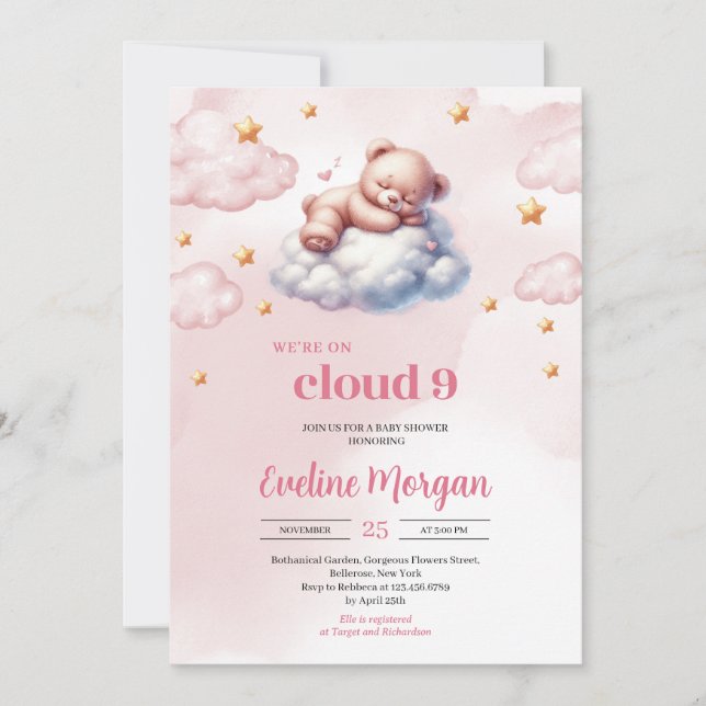 Watercolor teddy bear cloud nine girl baby shower invitation (Front)