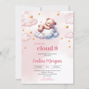 Watercolor teddy bear cloud nine girl baby shower invitation