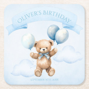 Watercolor Teddy Bear & Gift First Birthday Square Paper Coaster