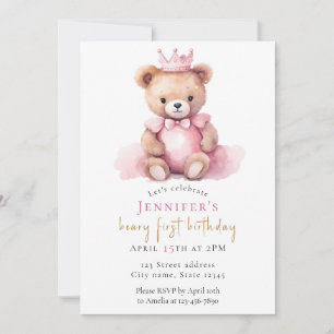 Watercolor Teddy Bear Girl 1st Birthday Invitation