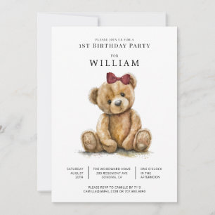 Watercolor Teddy Bear Girl 1st Birthday Invitation
