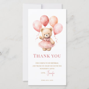 Watercolor Teddy Bear Girl 1st Birthday Thank You  Card