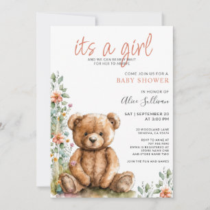 Watercolor Teddy Bear Girl Baby Shower Invitation
