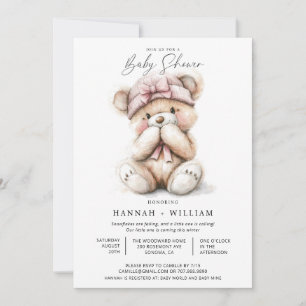 Watercolor Teddy Bear Girl Pink Hat Baby Shower  Invitation