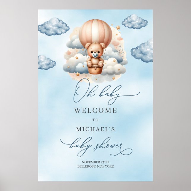 Watercolor teddy bear hot air balloon welcome poster (Front)