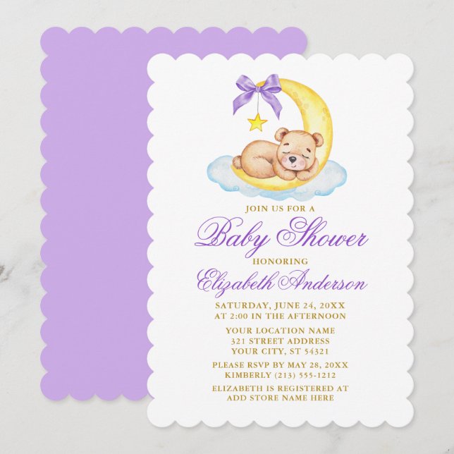 Watercolor Teddy Bear Moon Baby Shower Purple Invitation (Front/Back)