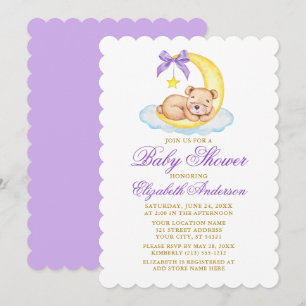 Watercolor Teddy Bear Moon Baby Shower Purple Invitation