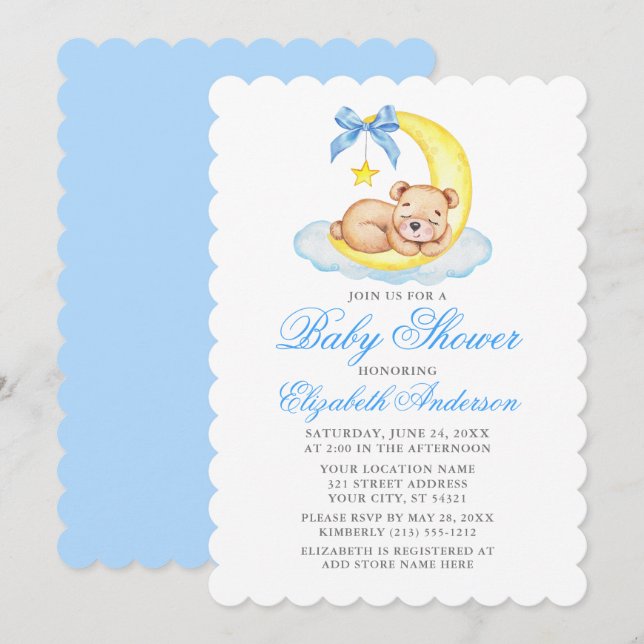 Watercolor Teddy Bear Moon Blue Baby Shower Invitation (Front/Back)