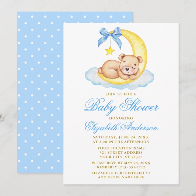 Watercolor Teddy Bear Moon Blue Dots Baby Shower Invitation (Front/Back)