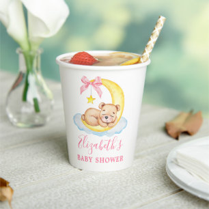 Watercolor Teddy Bear Moon Pink Baby Shower Paper Cups