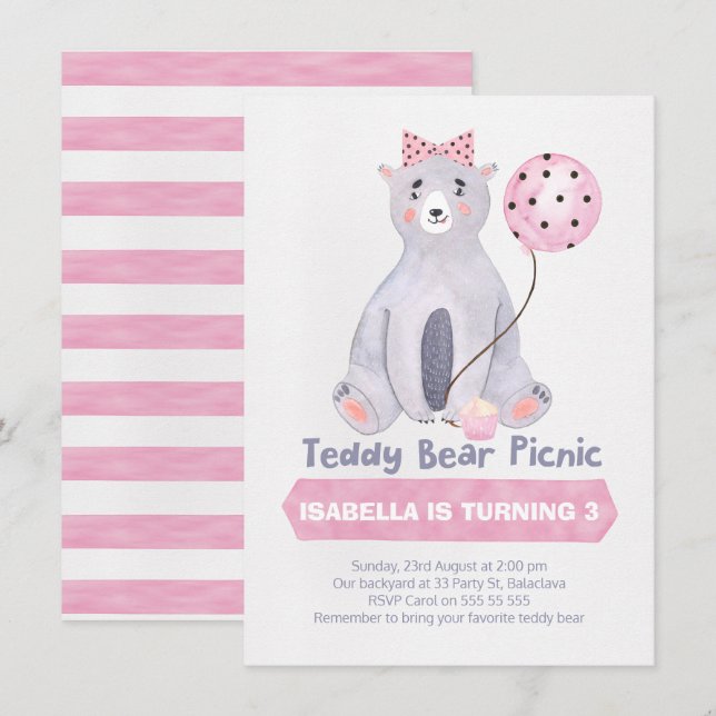 Watercolor Teddy Bear Picnic Birthday Invitation (Front/Back)