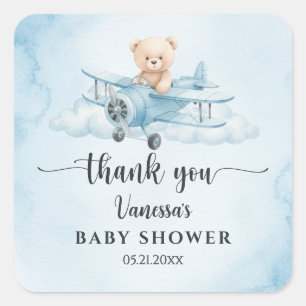 Watercolor Teddy Bear Pilot Baby Shower Thank You Square Sticker