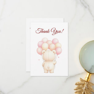 Watercolor Teddy Bear Pink Balloons Baby Shower Thank You Card