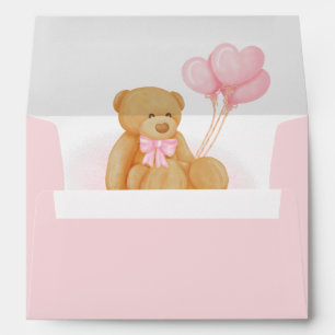 Watercolor Teddy Bear Pink Balloons Return Address Envelope