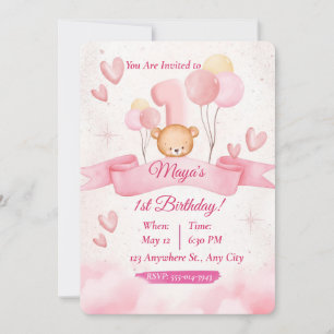 Watercolor Teddy Bear Pink Girl 1st Birthday Invitation