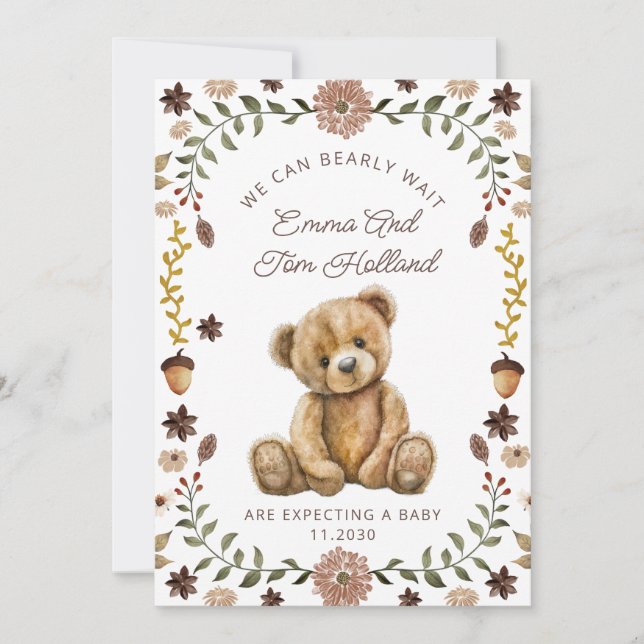Watercolor Teddy Bear Pregnancy Gender Neutral Announcement (Front)