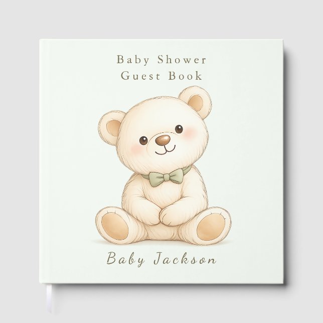 Watercolor Teddy Bear Sage Green Guest Book (Front)