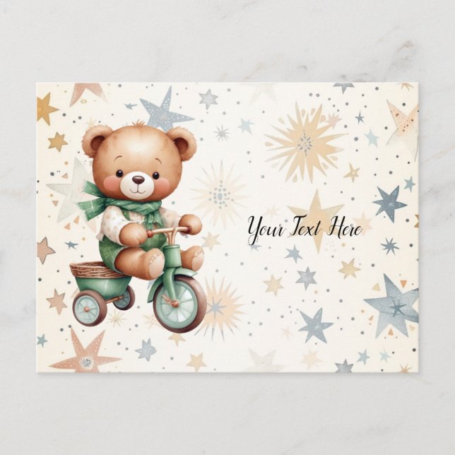 Watercolor Teddy Bear Stars Green Bike Beautiful Postcard (Front)