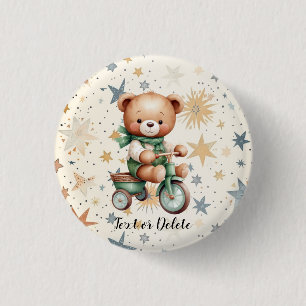 Watercolor Teddy Bear Stars Green Bike Party 3 Cm Round Badge