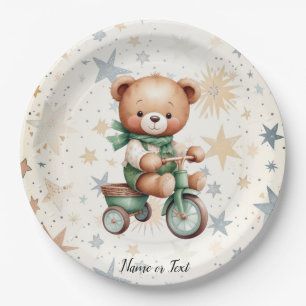 Watercolor Teddy Bear Stars Green Bike Party Paper Plate