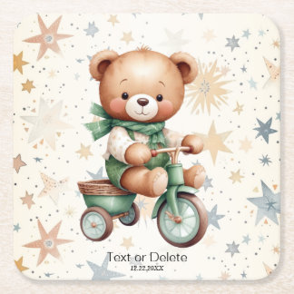 Watercolor Teddy Bear Stars Green Bike Party Square Paper Coaster