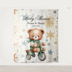 Watercolor Teddy Bear Stars Green Bike Party Tapestry