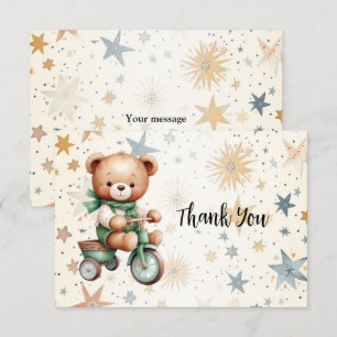 Watercolor Teddy Bear Stars Green Bike Party Thank You Card