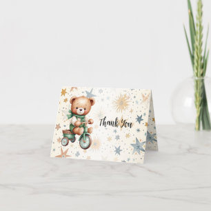 Watercolor Teddy Bear Stars Green Bike Party Thank You Card