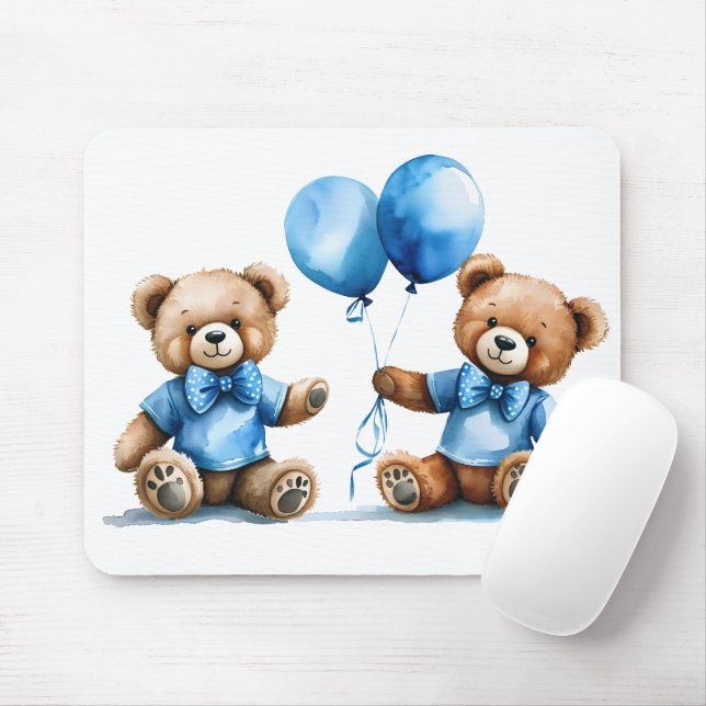 Watercolor Teddy Bear Twin Boys Mouse Mat (With Mouse)