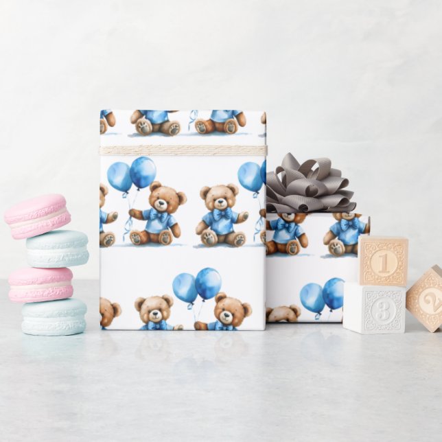 Watercolor Teddy Bear Twin Boys Wrapping Paper (Baby Shower)