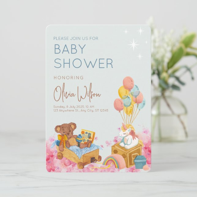 Watercolor Teddy Bear with balloon Oh Baby Shower  Invitation (Standing Front)