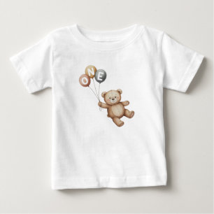 Watercolor Teddy Bear with Balloons First Birthday Baby T-Shirt