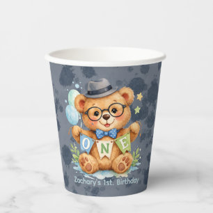 Watercolor Teddy Bear with ONE Banner Birthday Paper Cups
