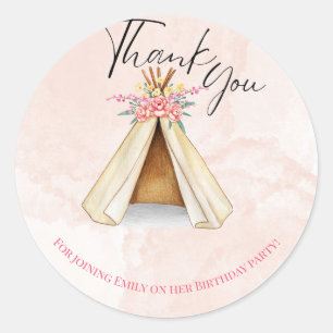Watercolor Teepee Sleepover Birthday Thank you Classic Round Sticker