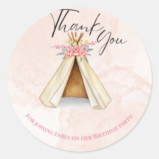 Watercolor Teepee Sleepover Birthday Thank you  Classic Round Sticker