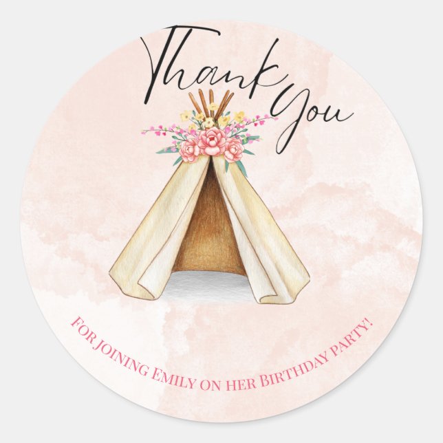 Watercolor Teepee Sleepover Birthday Thank you  Classic Round Sticker (Front)