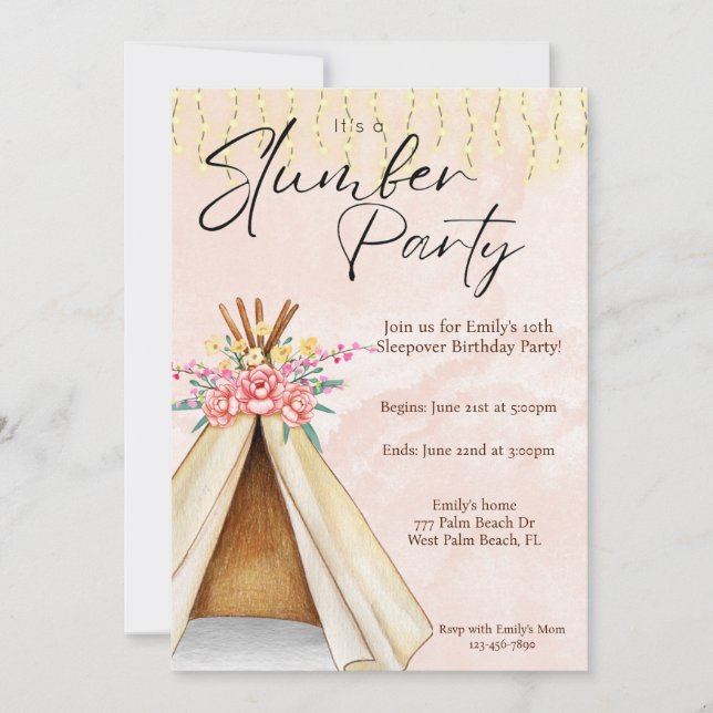 Watercolor Teepee Tent Slumber Party Birthday Invitation (Front)