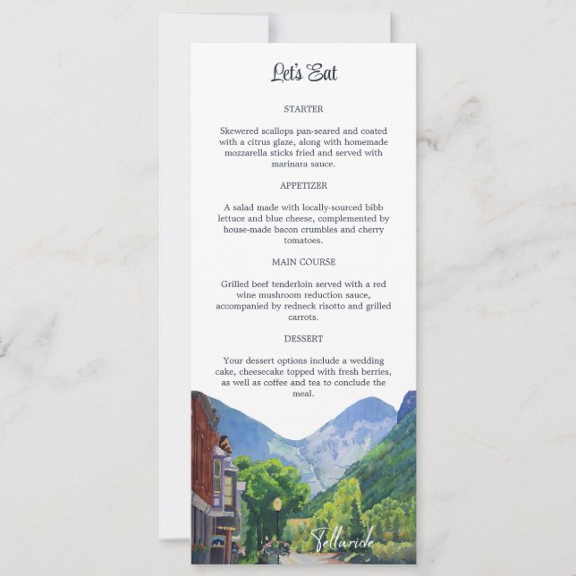 Watercolor Telluride Colorado Ski Menu Cards (Front)