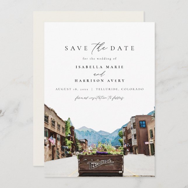 Watercolor Telluride Colorado Ski Save the Date Invitation (Front/Back)