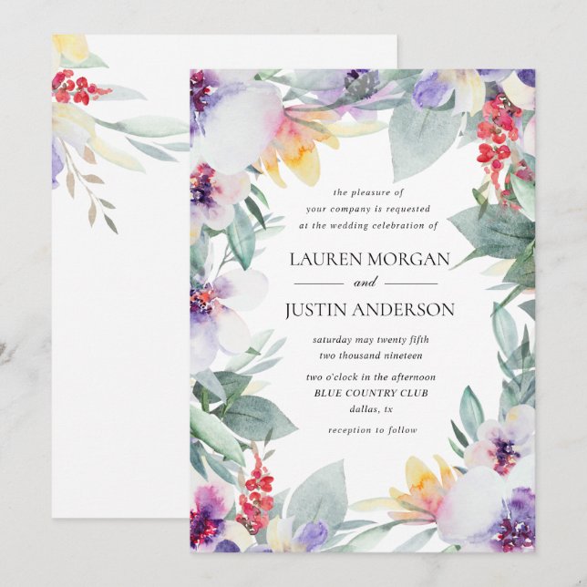 watercolor tender spring floral wedding invitation (Front/Back)