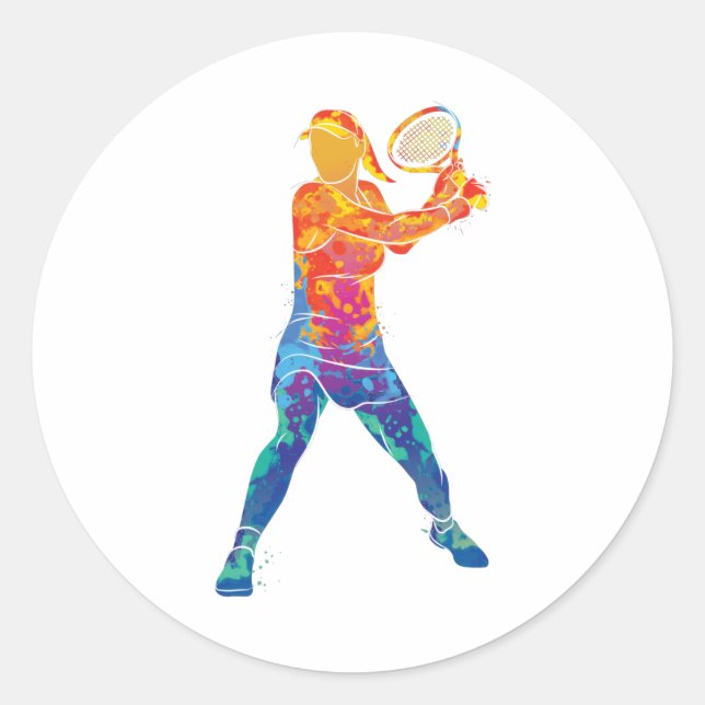 Watercolor Tennis Woman Classic Round Sticker (Front)
